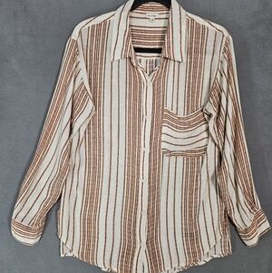En Creme Boho Womens Small Oversized Button Up Shirt Textured Brown Cream Stripe